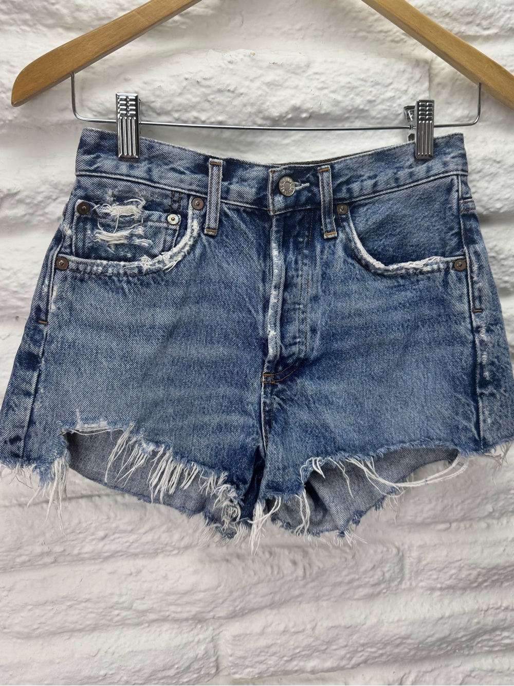 Agolde Raw Hem Distressed Blue Denim Shorts